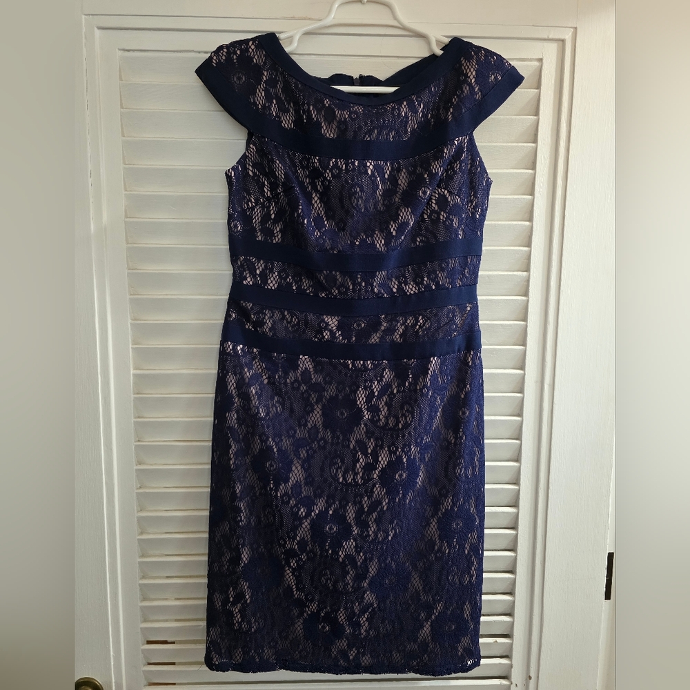 Adrianna Papell Navy Blue Lace Sheath Dress, 6 - Picture 2 of 4